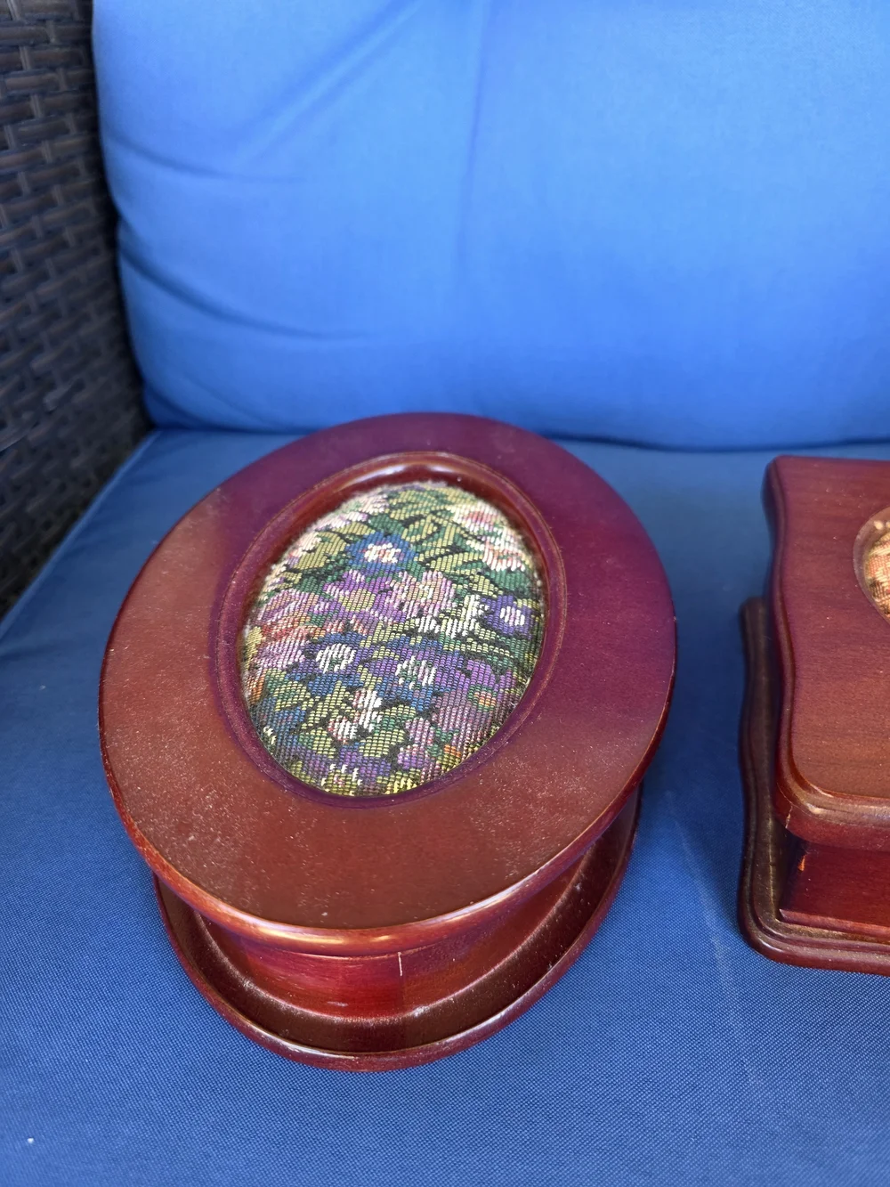 Vintage Floral Embroidered Wooden Jewelry 2 Box Set  Velvet Lined Needlepoint